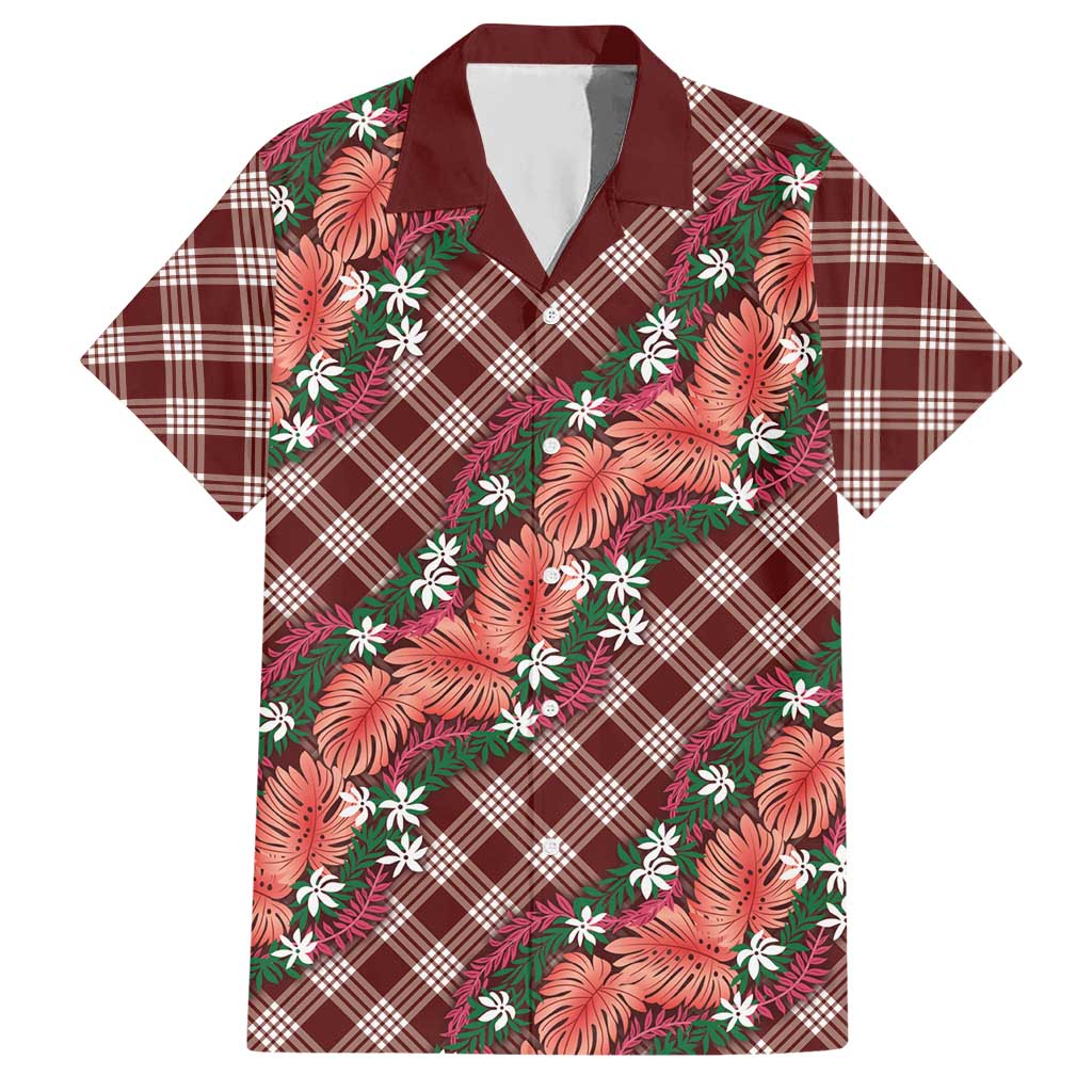 Polynesian Monstera Tiare Floral Hawaiian Shirt Burgundy Tropical Plaid LT01 Red - Polynesian Pride