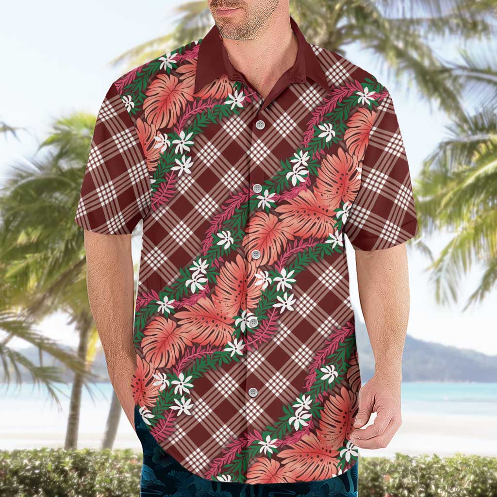 Polynesian Monstera Tiare Floral Hawaiian Shirt Burgundy Tropical Plaid LT01 - Polynesian Pride