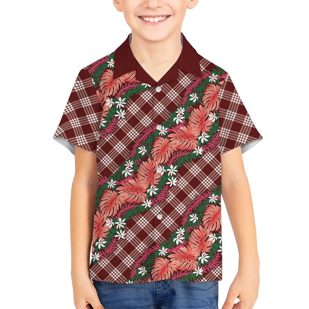Polynesian Monstera Tiare Floral Hawaiian Shirt Burgundy Tropical Plaid LT01 - Polynesian Pride