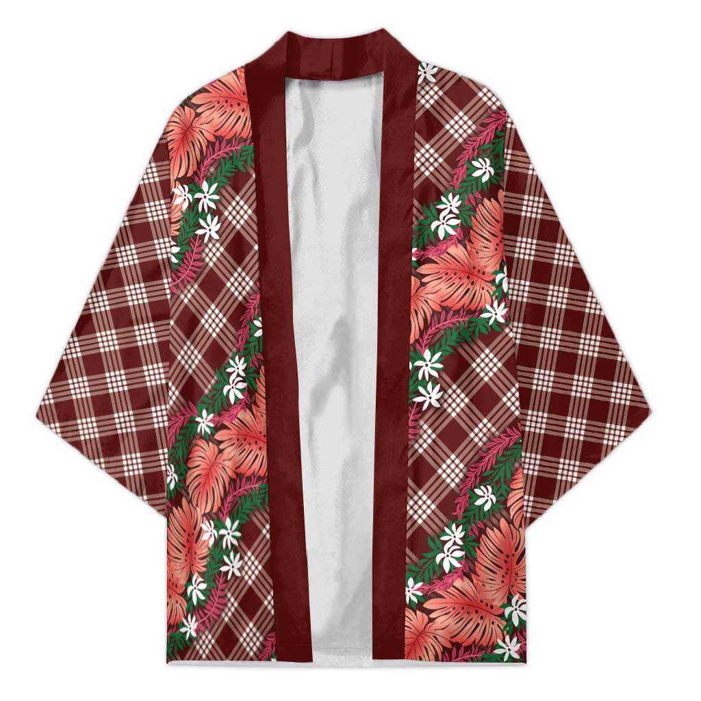 Polynesian Monstera Tiare Floral Kimono Burgundy Tropical Plaid LT01 Unisex Red - Polynesian Pride