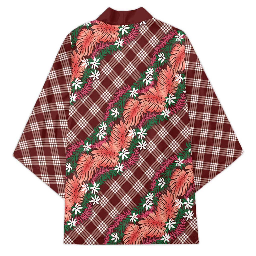 Polynesian Monstera Tiare Floral Kimono Burgundy Tropical Plaid LT01 - Polynesian Pride