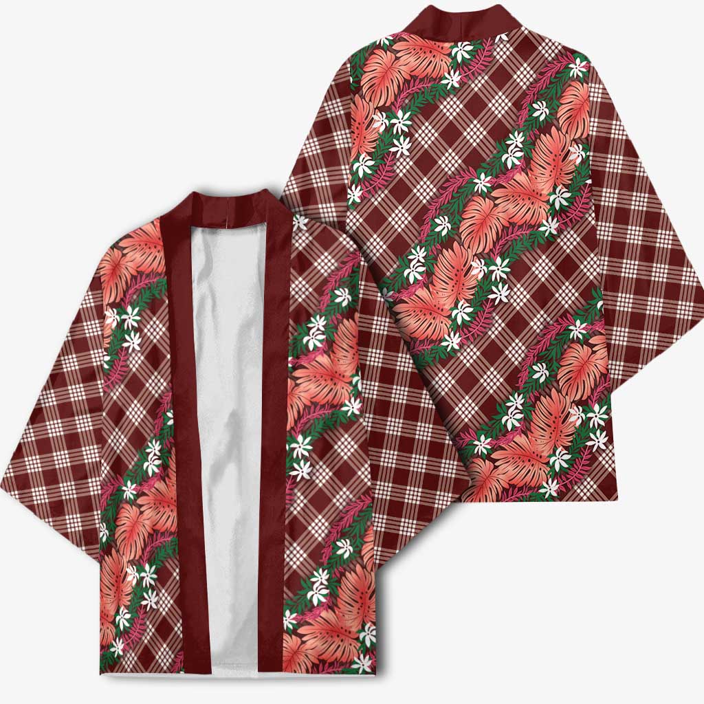Polynesian Monstera Tiare Floral Kimono Burgundy Tropical Plaid LT01 - Polynesian Pride