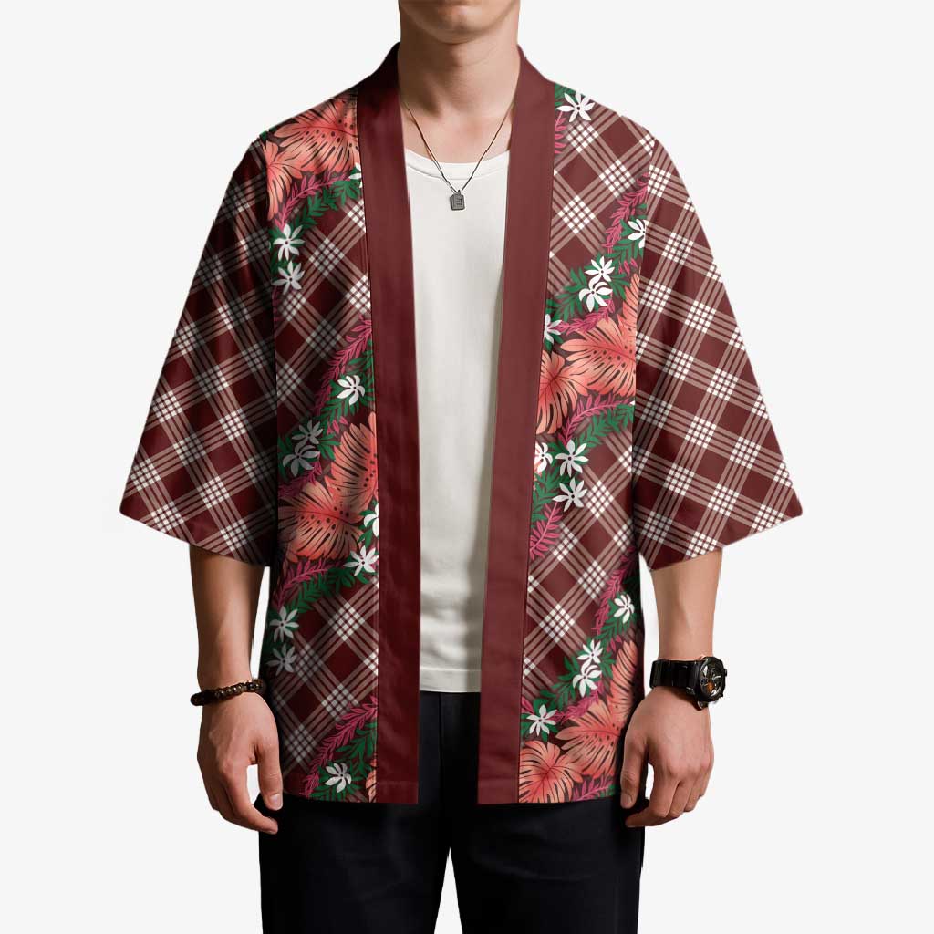 Polynesian Monstera Tiare Floral Kimono Burgundy Tropical Plaid LT01 - Polynesian Pride