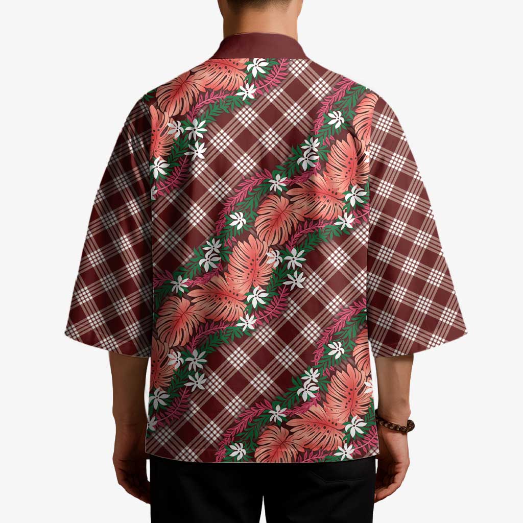 Polynesian Monstera Tiare Floral Kimono Burgundy Tropical Plaid LT01 - Polynesian Pride