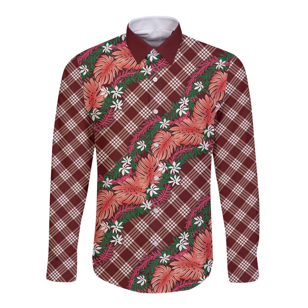 Polynesian Monstera Tiare Floral Long Sleeve Button Shirt Burgundy Tropical Plaid LT01 Unisex Red - Polynesian Pride