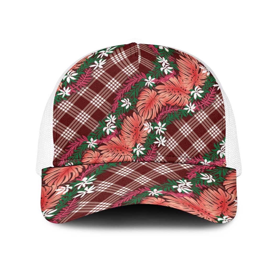 Polynesian Monstera Tiare Floral Mesh Trucker Cap Burgundy Tropical Plaid LT01 One Size White Red - Polynesian Pride
