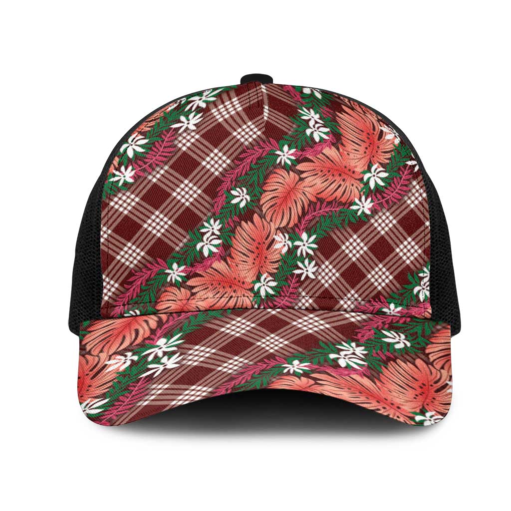 Polynesian Monstera Tiare Floral Mesh Trucker Cap Burgundy Tropical Plaid LT01 One Size Black Red - Polynesian Pride