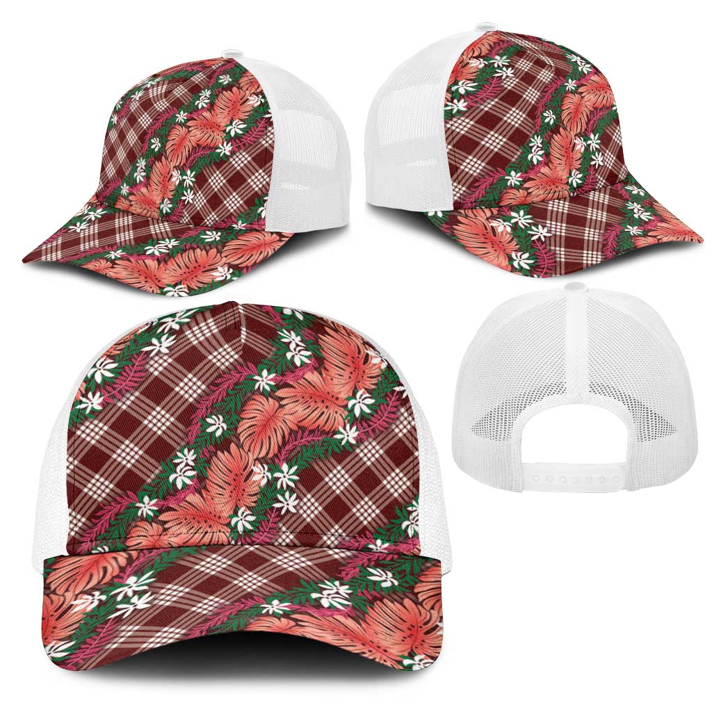 Polynesian Monstera Tiare Floral Mesh Trucker Cap Burgundy Tropical Plaid LT01 - Polynesian Pride