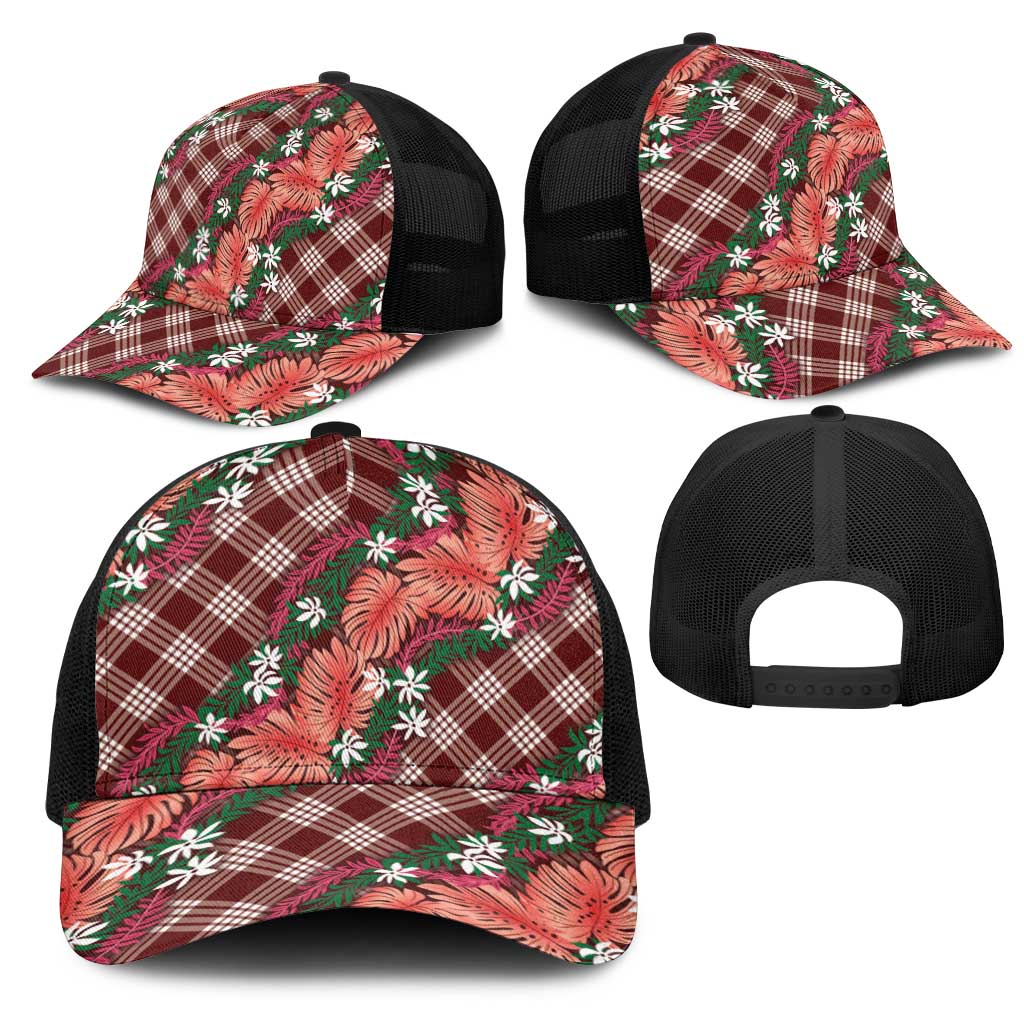 Polynesian Monstera Tiare Floral Mesh Trucker Cap Burgundy Tropical Plaid LT01 - Polynesian Pride