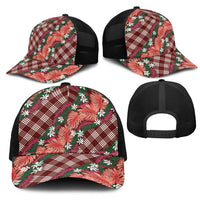 Polynesian Monstera Tiare Floral Mesh Trucker Cap Burgundy Tropical Plaid LT01 - Polynesian Pride