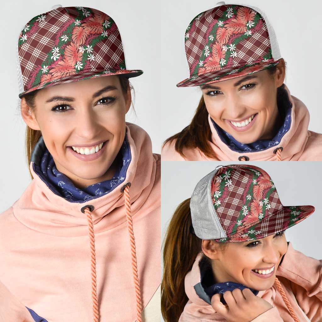 Polynesian Monstera Tiare Floral Mesh Trucker Cap Burgundy Tropical Plaid LT01 - Polynesian Pride