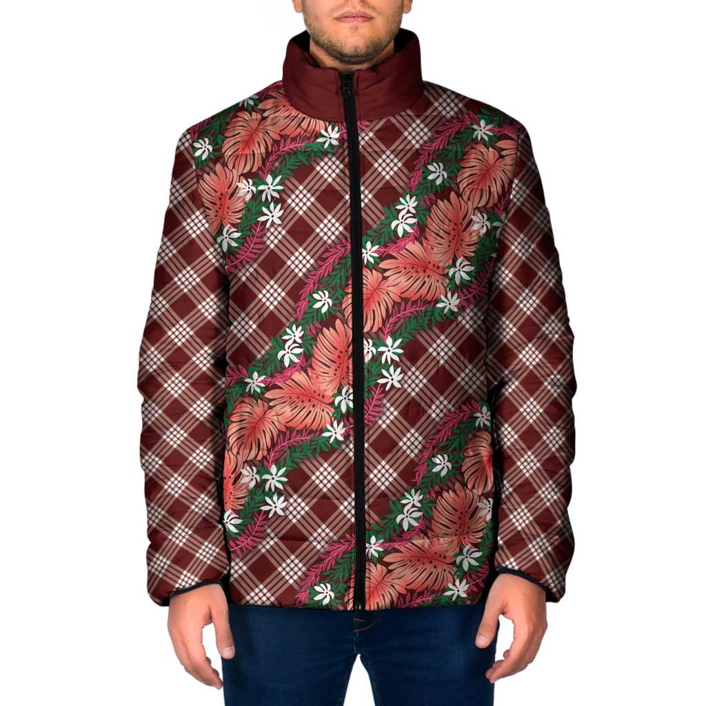 Polynesian Monstera Tiare Floral Padded Jacket Burgundy Tropical Plaid LT01 Men Red - Polynesian Pride