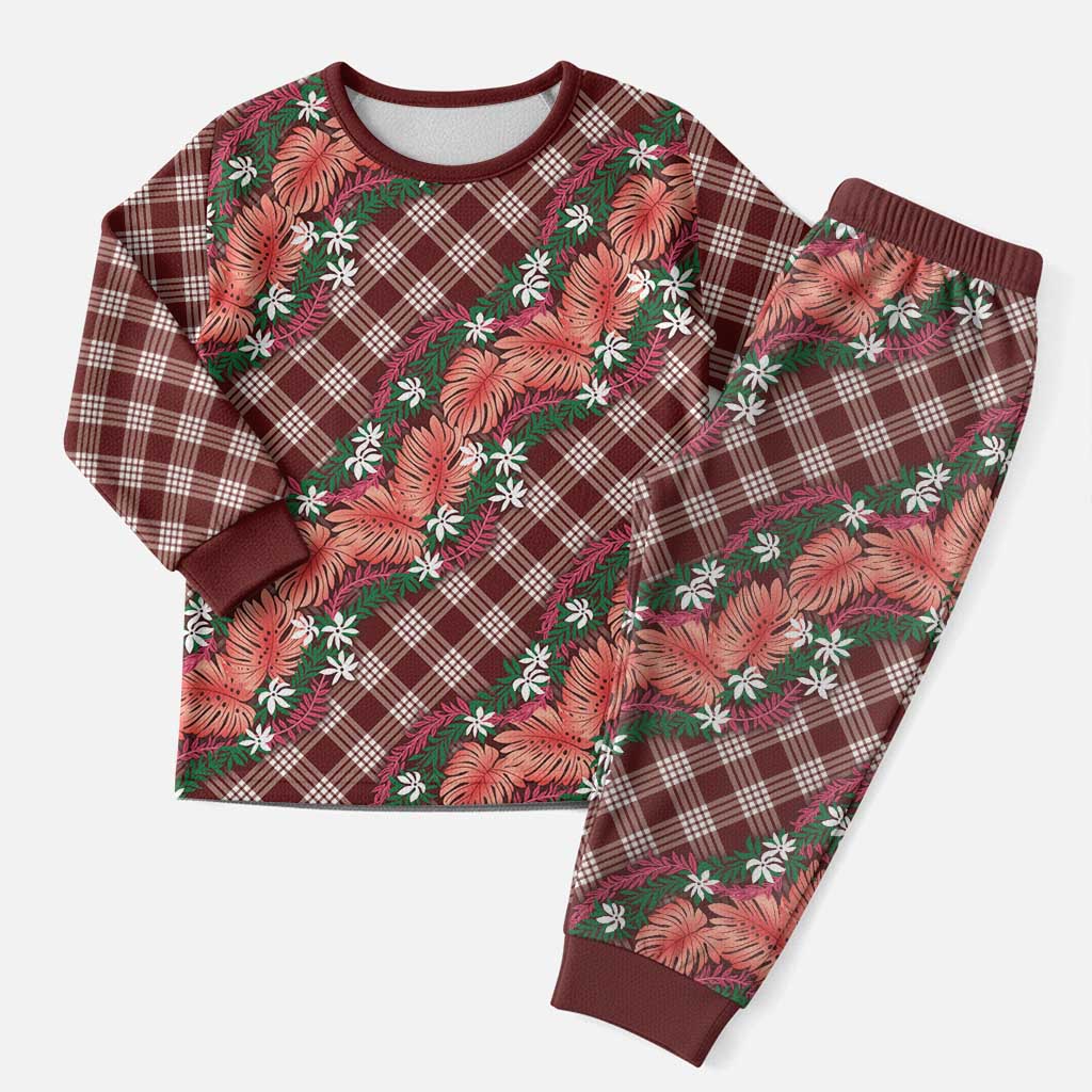 Polynesian Monstera Tiare Floral Christmas Pajama Set Burgundy Tropical Plaid LT01 Men Red - Polynesian Pride
