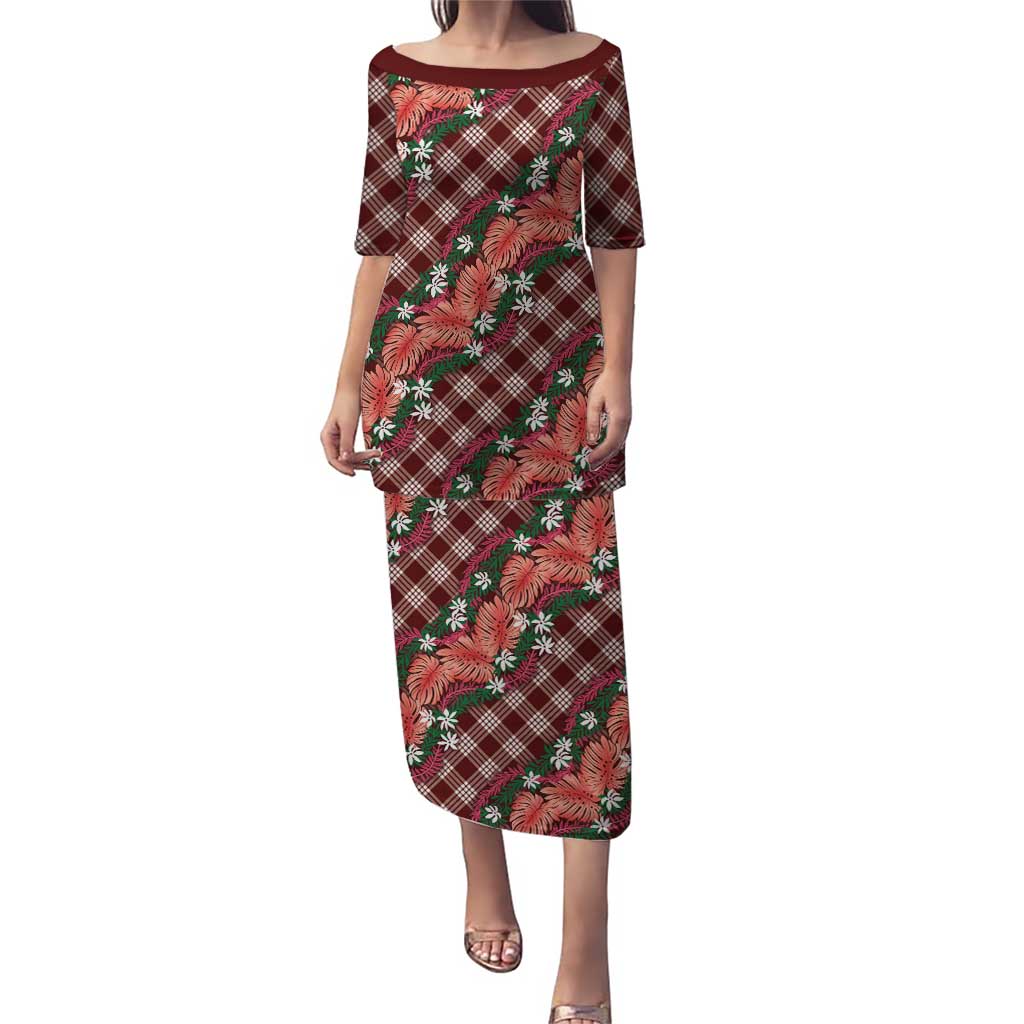 Polynesian Monstera Tiare Floral Puletasi Burgundy Tropical Plaid LT01 Long Dress Red - Polynesian Pride