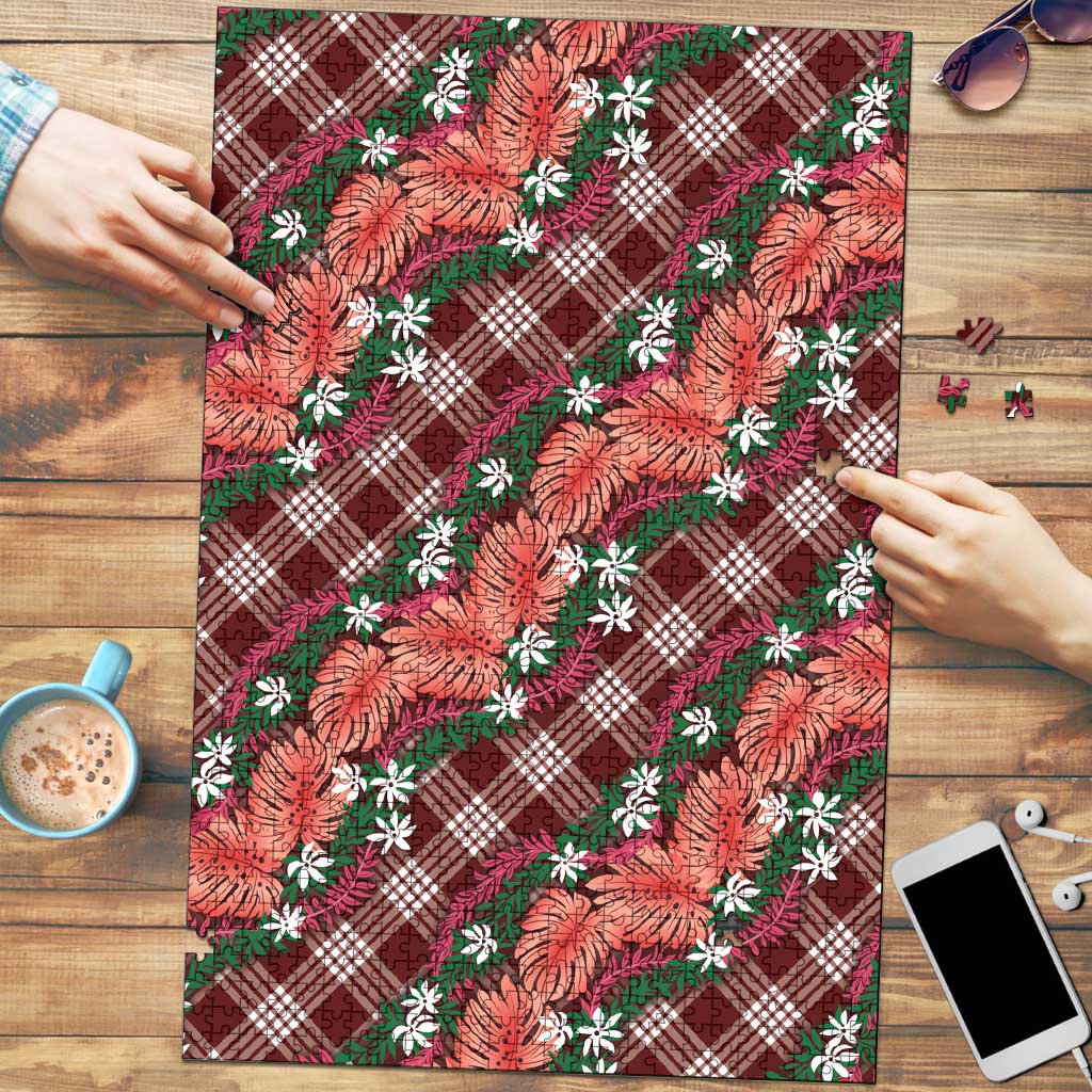Polynesian Monstera Tiare Floral Puzzle Burgundy Tropical Plaid LT01 Red - Polynesian Pride