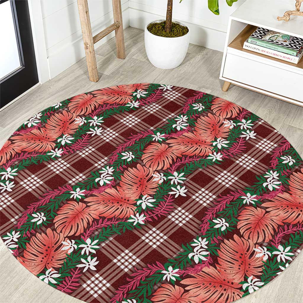 Polynesian Monstera Tiare Floral Round Carpet Burgundy Tropical Plaid LT01 Red - Polynesian Pride
