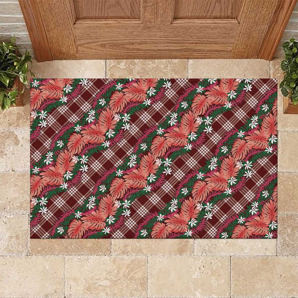 Polynesian Monstera Tiare Floral Rubber Doormat Burgundy Tropical Plaid LT01 Red - Polynesian Pride