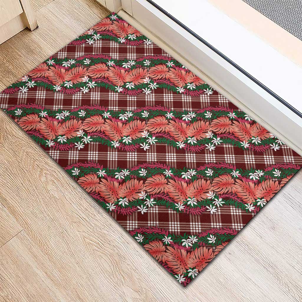 Polynesian Monstera Tiare Floral Rubber Doormat Burgundy Tropical Plaid LT01 - Polynesian Pride