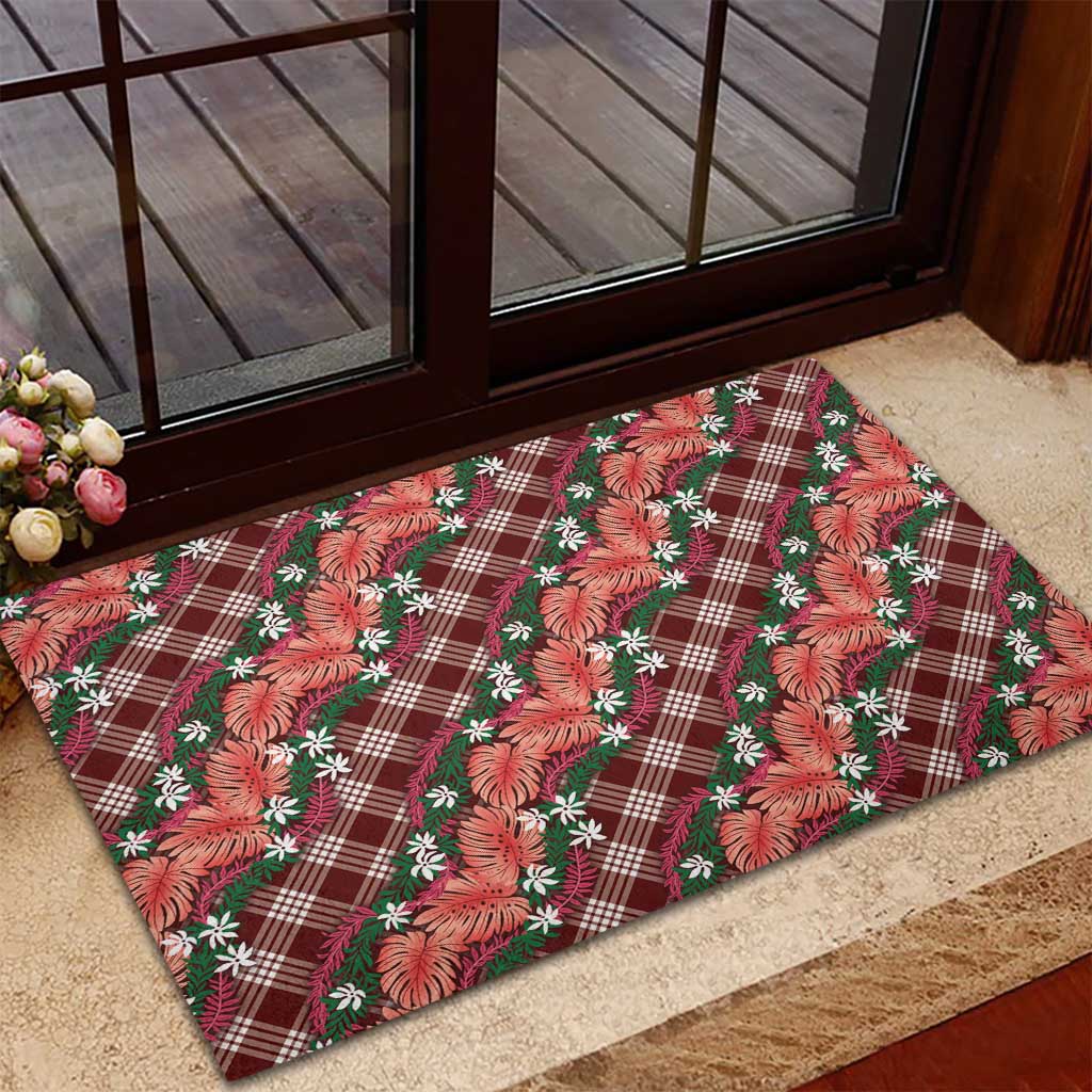 Polynesian Monstera Tiare Floral Rubber Doormat Burgundy Tropical Plaid LT01 - Polynesian Pride