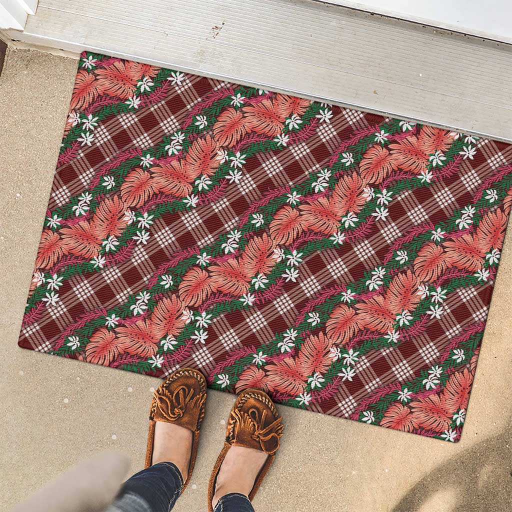 Polynesian Monstera Tiare Floral Rubber Doormat Burgundy Tropical Plaid LT01 - Polynesian Pride