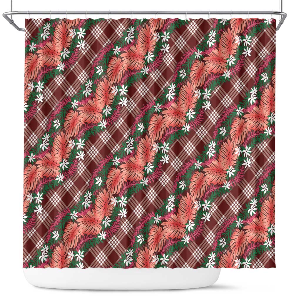 Polynesian Monstera Tiare Floral Shower Curtain Burgundy Tropical Plaid LT01 Red - Polynesian Pride