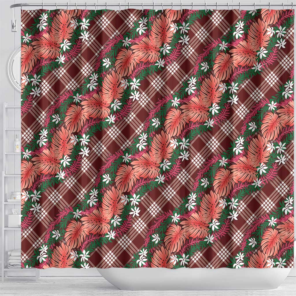 Polynesian Monstera Tiare Floral Shower Curtain Burgundy Tropical Plaid LT01 - Polynesian Pride