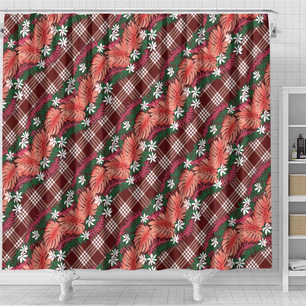 Polynesian Monstera Tiare Floral Shower Curtain Burgundy Tropical Plaid LT01 - Polynesian Pride