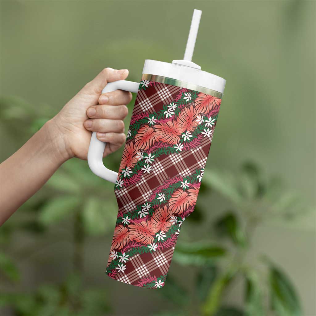 Polynesian Monstera Tiare Floral Tumbler With Handle Burgundy Tropical Plaid LT01 - Polynesian Pride