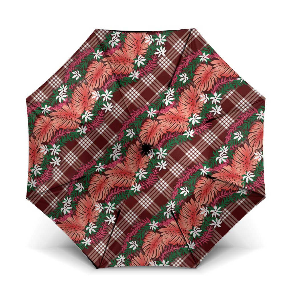 Polynesian Monstera Tiare Floral Umbrella Burgundy Tropical Plaid LT01 One Size Folded 11.42 inch Opened Diameter 37.4 inch Red - Polynesian Pride