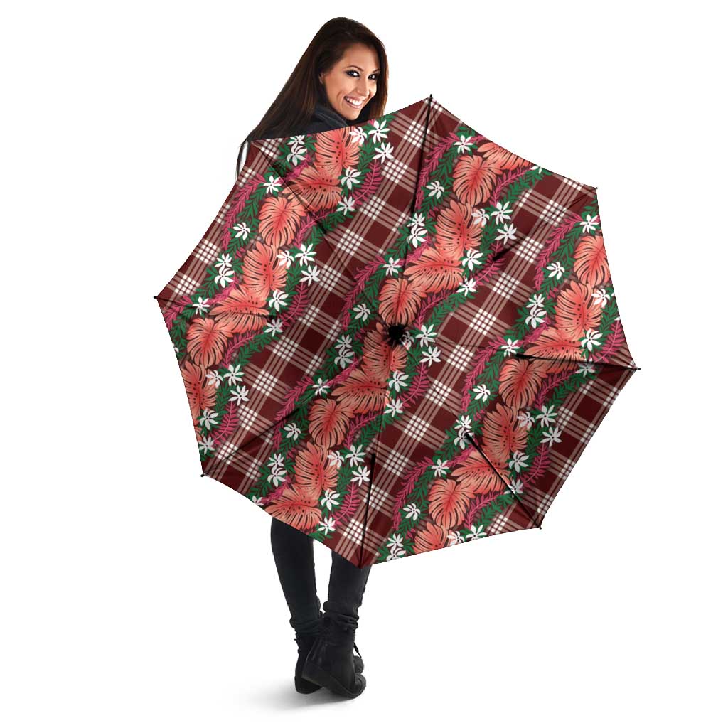 Polynesian Monstera Tiare Floral Umbrella Burgundy Tropical Plaid LT01 - Polynesian Pride