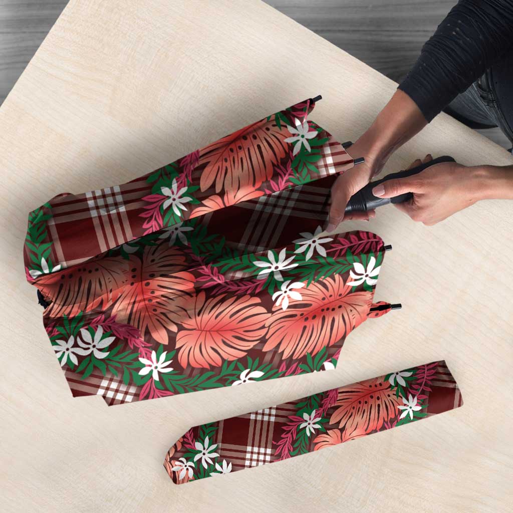 Polynesian Monstera Tiare Floral Umbrella Burgundy Tropical Plaid LT01 - Polynesian Pride
