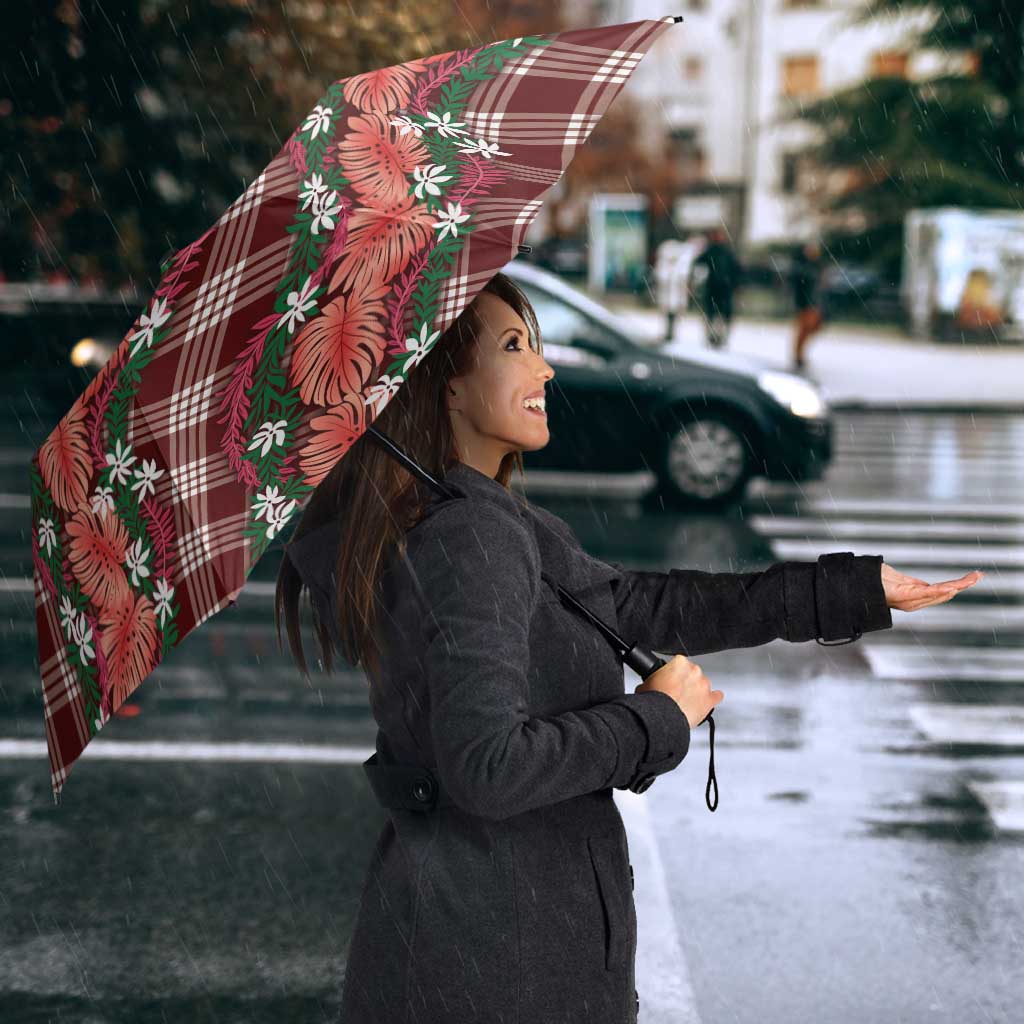 Polynesian Monstera Tiare Floral Umbrella Burgundy Tropical Plaid LT01 - Polynesian Pride