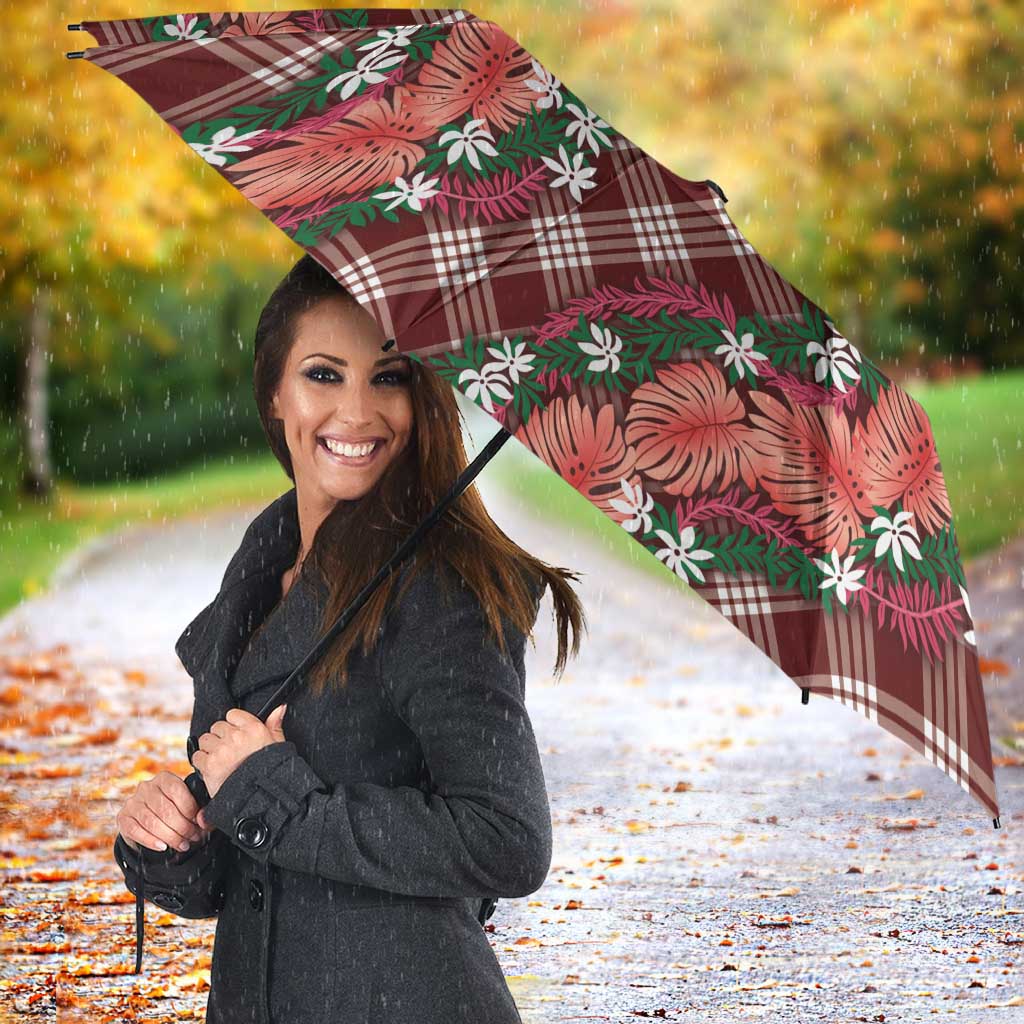 Polynesian Monstera Tiare Floral Umbrella Burgundy Tropical Plaid LT01 - Polynesian Pride