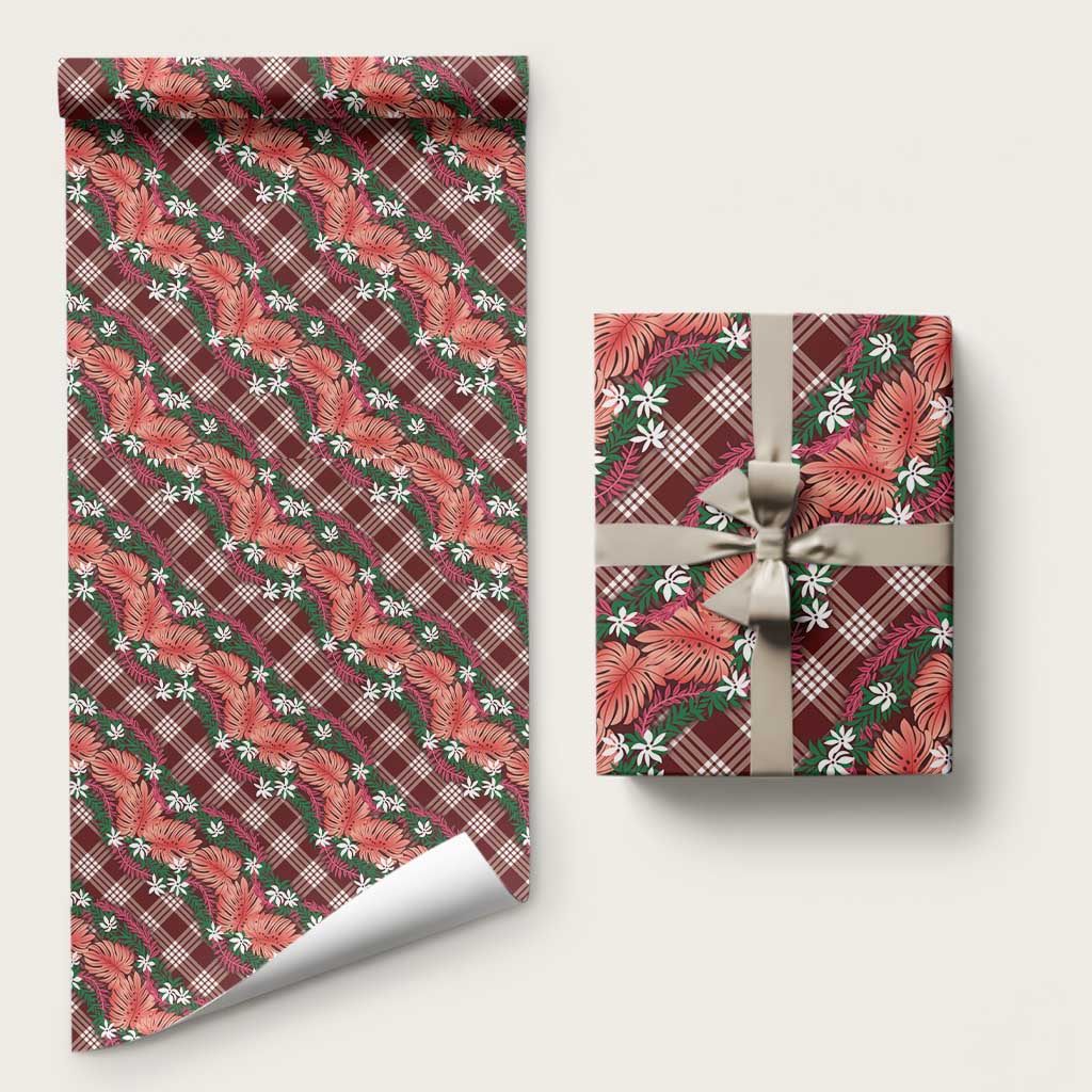 Polynesian Monstera Tiare Floral Wrapping Paper Burgundy Tropical Plaid LT01 58" × 23" Red - Polynesian Pride