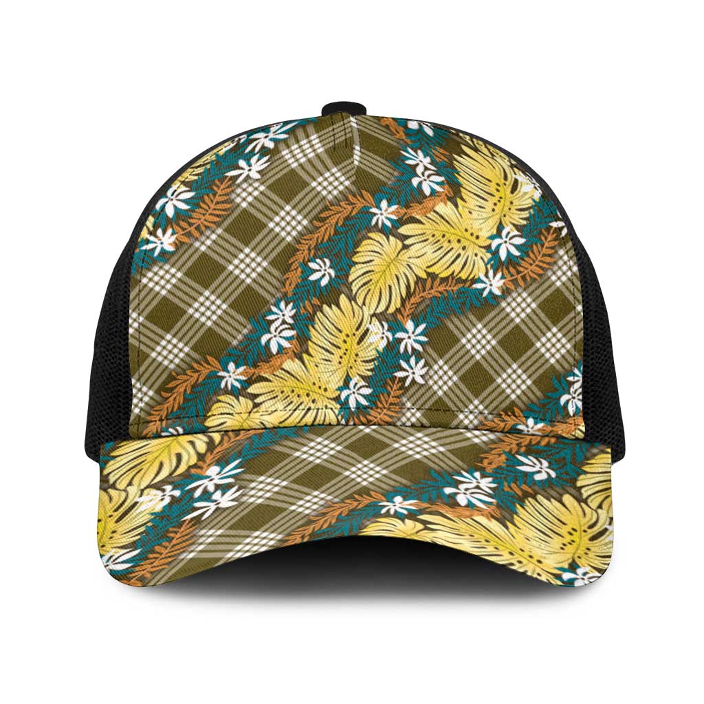 Polynesian Monstera Tiare Floral Baseball Net Cap Yellow Tropical Plaid LT01 One Size Black Yellow - Polynesian Pride
