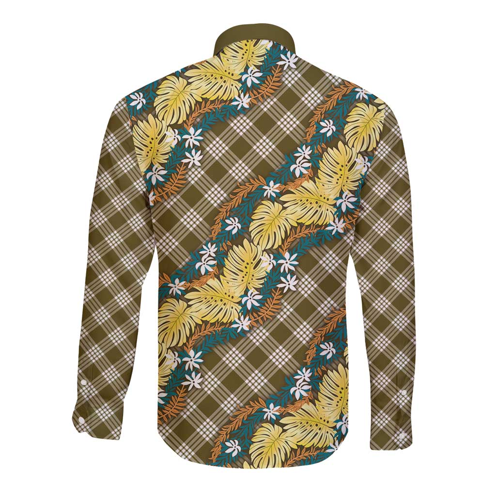 Polynesian Monstera Tiare Floral Long Sleeve Button Shirt Yellow Tropical Plaid LT01 - Polynesian Pride