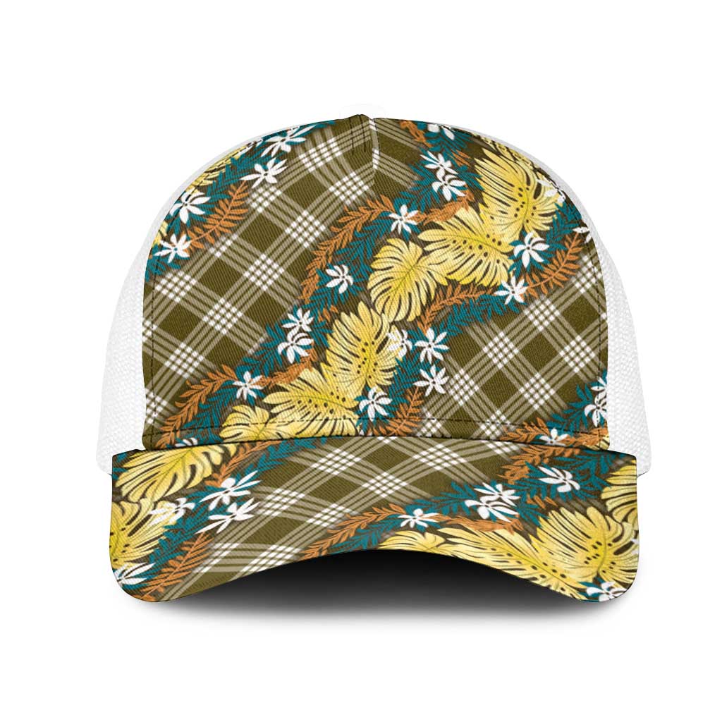 Polynesian Monstera Tiare Floral Mesh Trucker Cap Yellow Tropical Plaid LT01 One Size White Yellow - Polynesian Pride