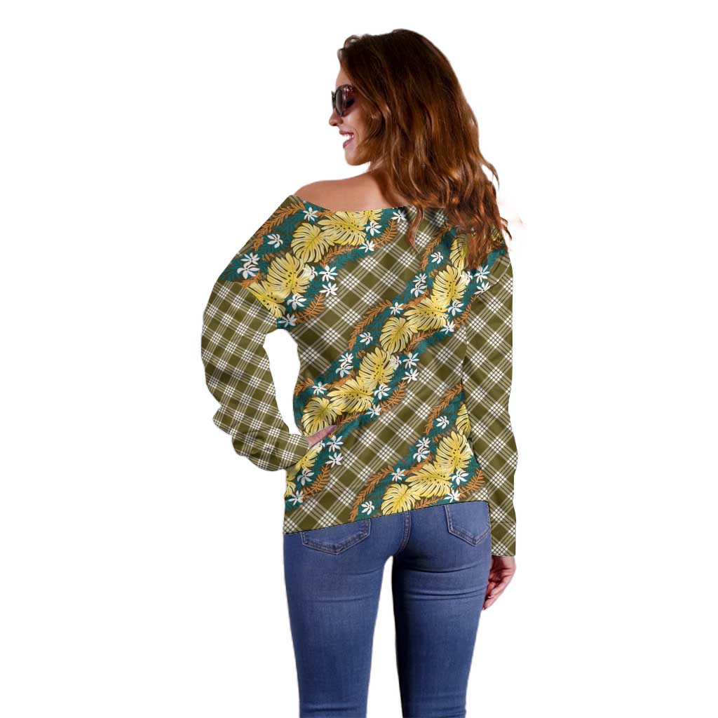 Polynesian Monstera Tiare Floral Off Shoulder Sweater Yellow Tropical Plaid LT01 - Polynesian Pride