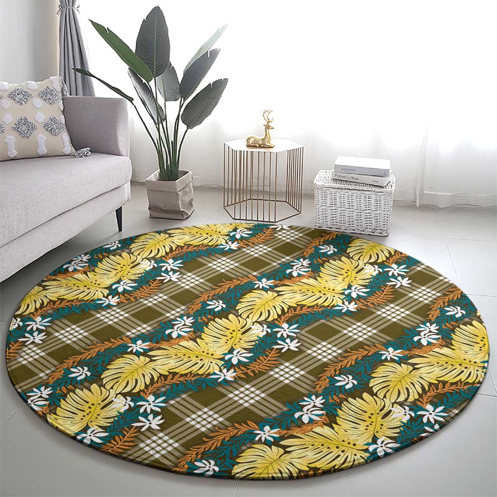 Polynesian Monstera Tiare Floral Round Carpet Yellow Tropical Plaid LT01 - Polynesian Pride