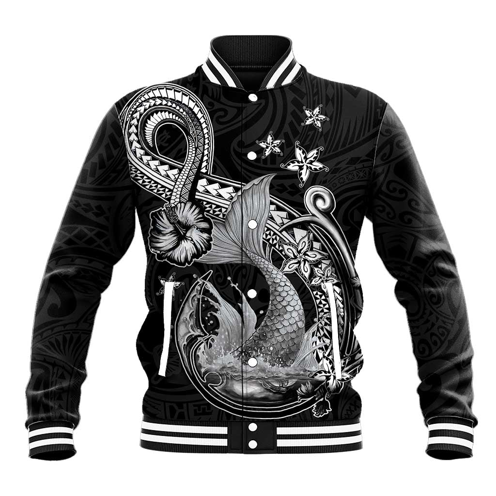 Hawaii Mermaid Monotone Baseball Jacket Polynesian Pattern Fish Hook LT01 Unisex Black - Polynesian Pride