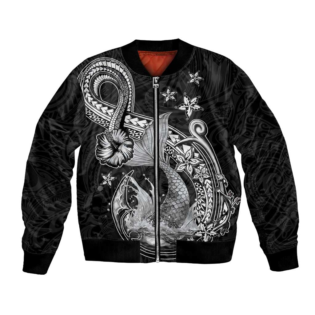 Hawaii Mermaid Monotone Bomber Jacket Polynesian Pattern Fish Hook LT01 Unisex Black - Polynesian Pride