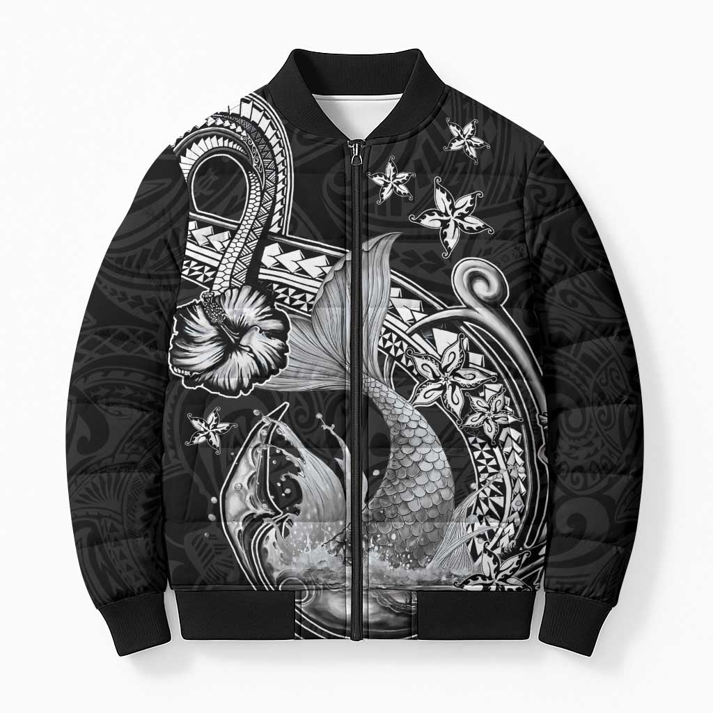 Hawaii Mermaid Monotone Bomber Puffer Jacket Polynesian Pattern Fish Hook LT01 Unisex Black - Polynesian Pride