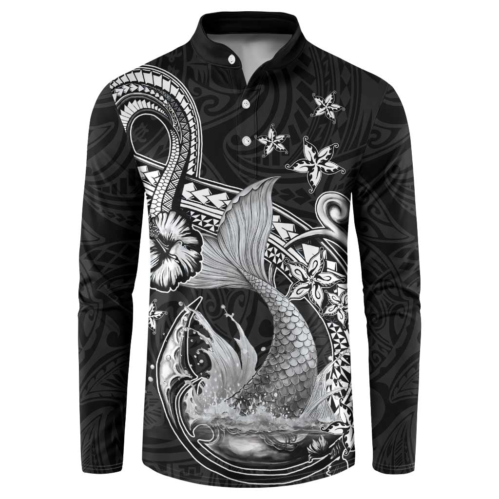 Hawaii Mermaid Monotone Button Sweatshirt Polynesian Pattern Fish Hook LT01 Black - Polynesian Pride