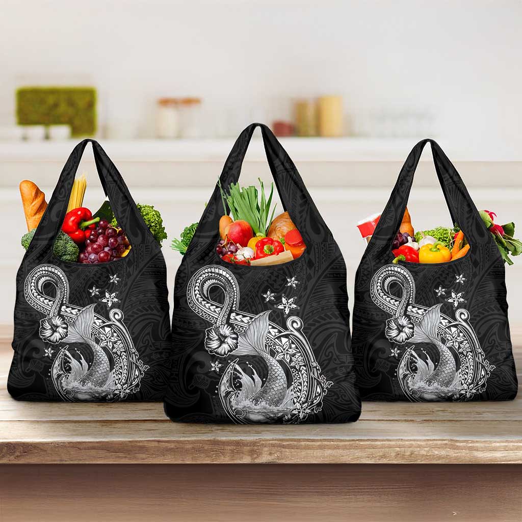 Hawaii Mermaid Monotone Grocery Bag Polynesian Pattern Fish Hook LT01 3-pack One Size Black - Polynesian Pride