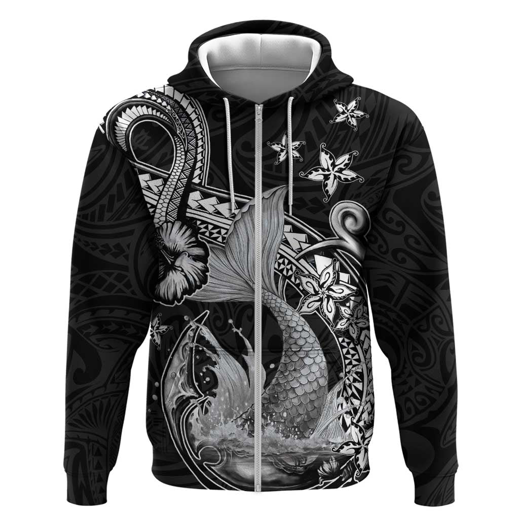 Hawaii Mermaid Monotone Hoodie Polynesian Pattern Fish Hook LT01 Zip Hoodie Black - Polynesian Pride