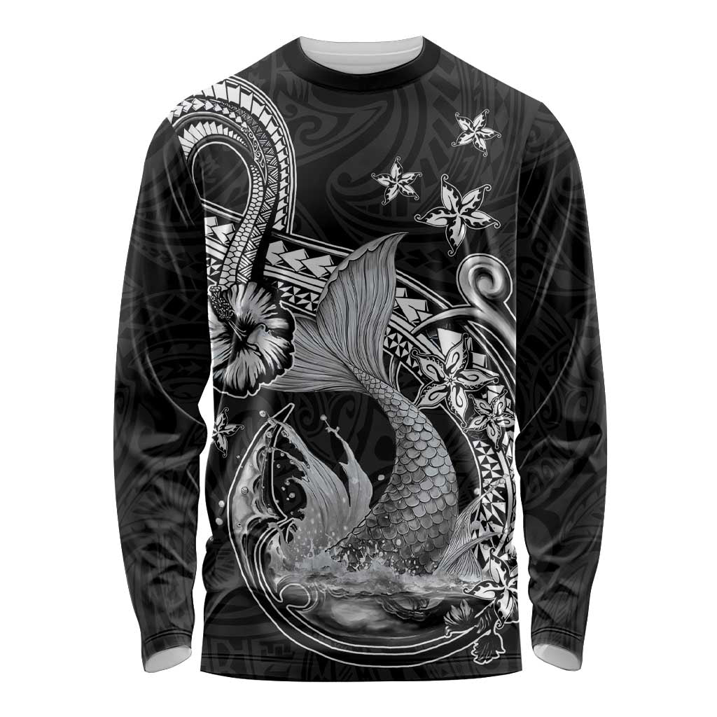 Hawaii Mermaid Monotone Long Sleeve Shirt Polynesian Pattern Fish Hook LT01 Unisex Black - Polynesian Pride
