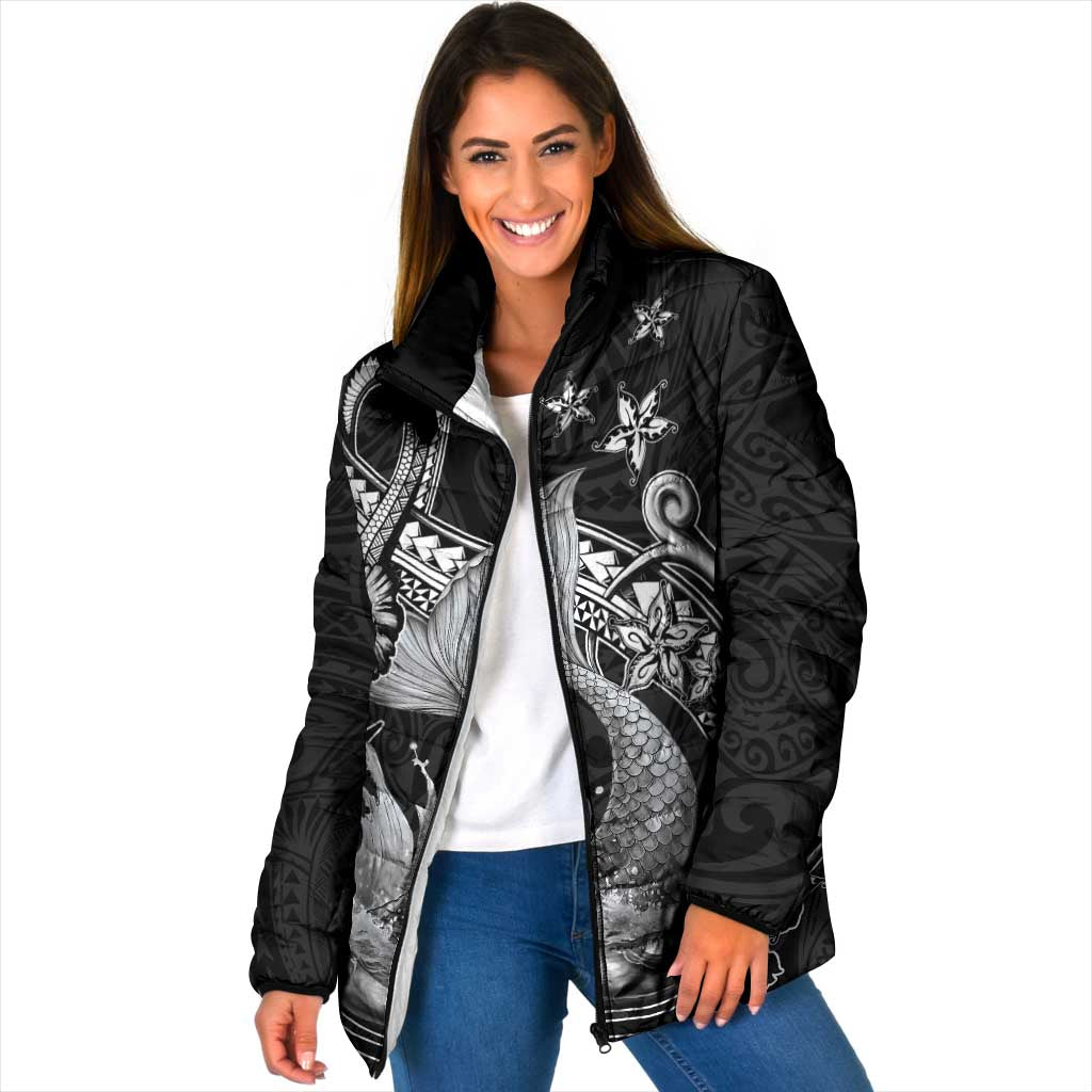 Hawaii Mermaid Monotone Padded Jacket Polynesian Pattern Fish Hook LT01 Women Black - Polynesian Pride