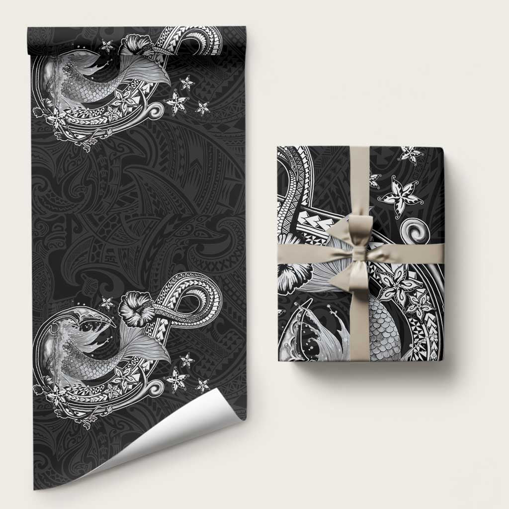 Hawaii Mermaid Monotone Wrapping Paper Polynesian Pattern Fish Hook LT01 58" × 23" Black - Polynesian Pride