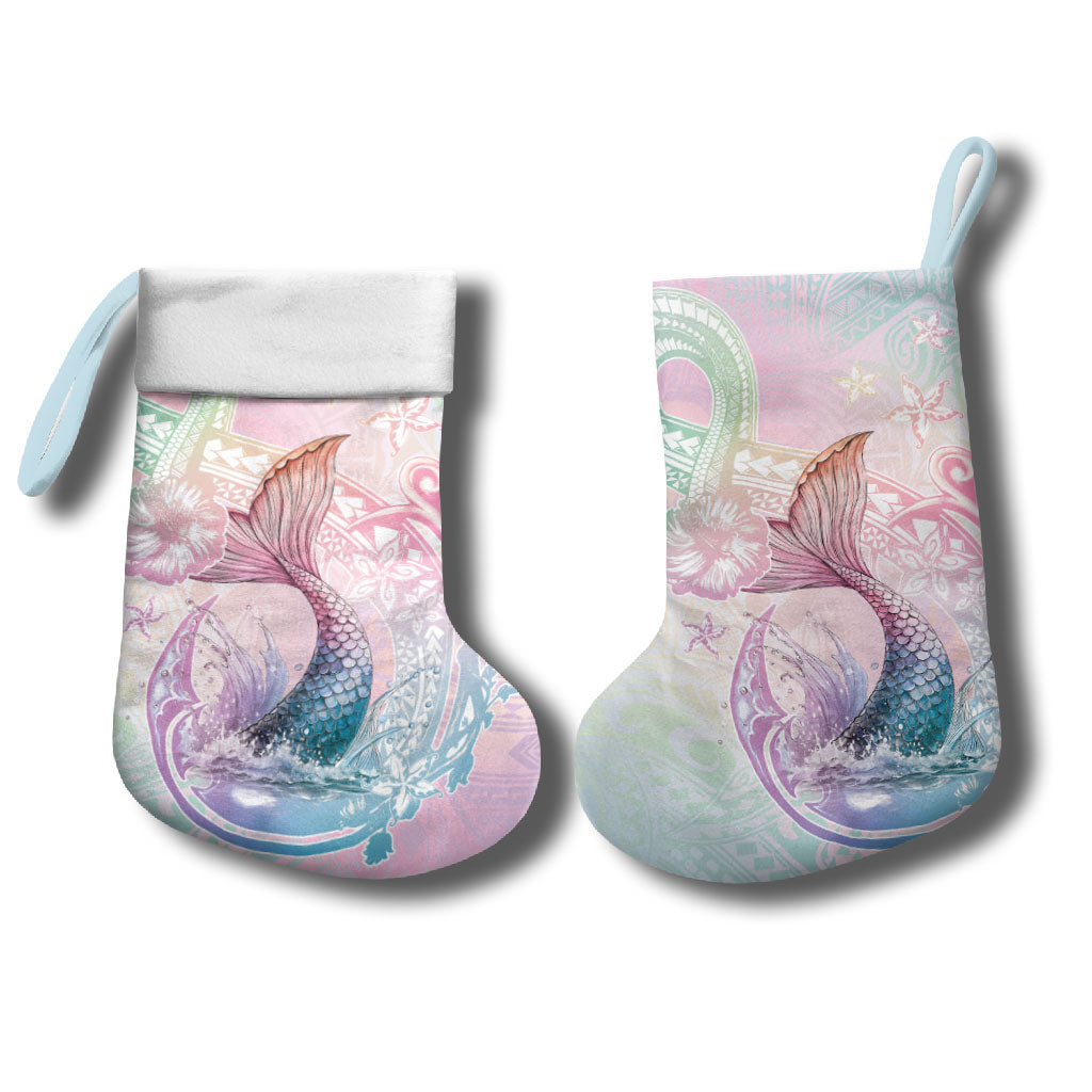 Hawaii Mermaid Sweet Pastel Christmas Stocking Polynesian Pattern Fish Hook