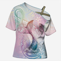 Hawaii Mermaid Sweet Pastel Cross Shoulder Shirt Polynesian Pattern Fish Hook LT01 Female Multicolor - Polynesian Pride